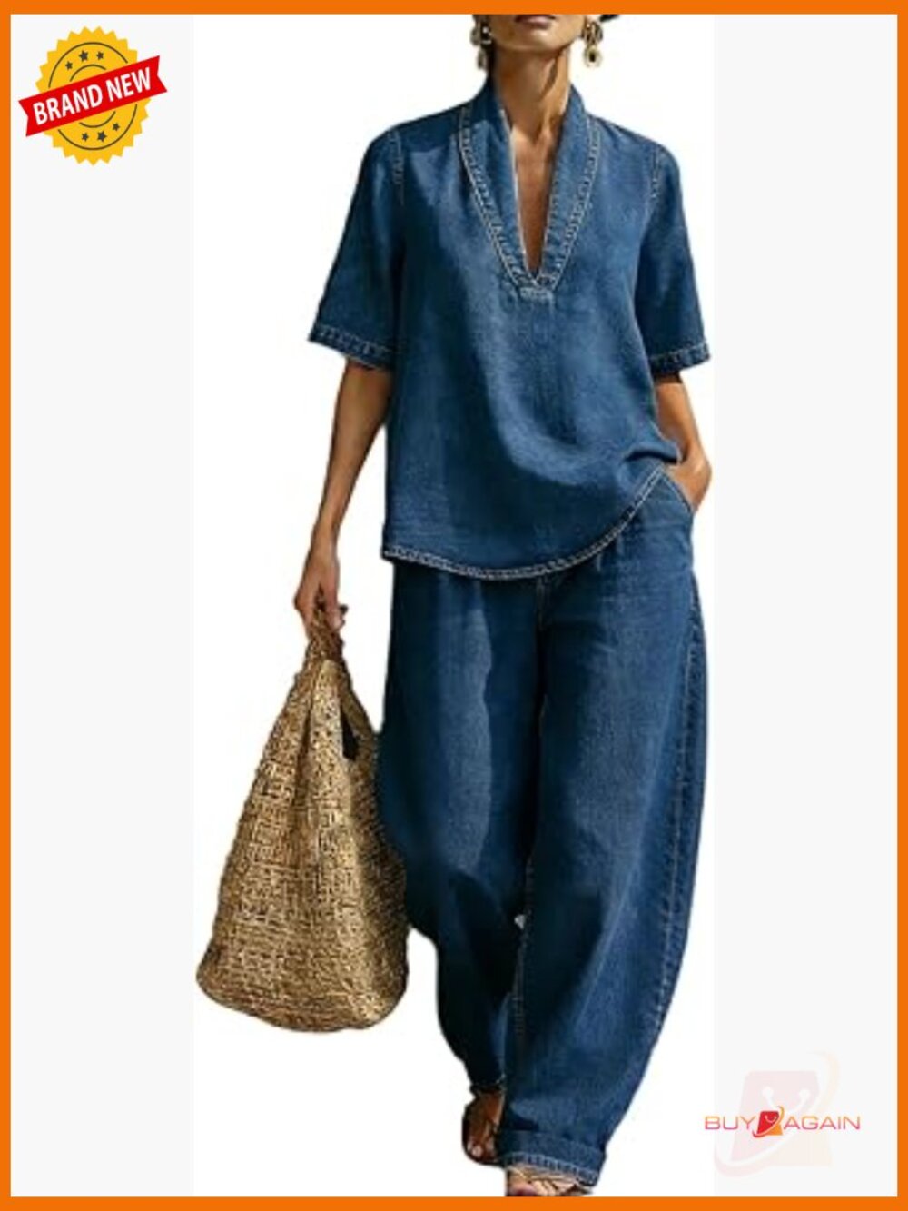 V Neck Short Sleeve Blouse and Wide Leg Jean Pants Two Piece Set Casual Outfit